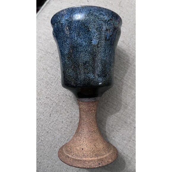 Art Pottery Blue & Brown Glazed Chalice Goblet Handmade Cup 6 Inches - Picture 1 of 7